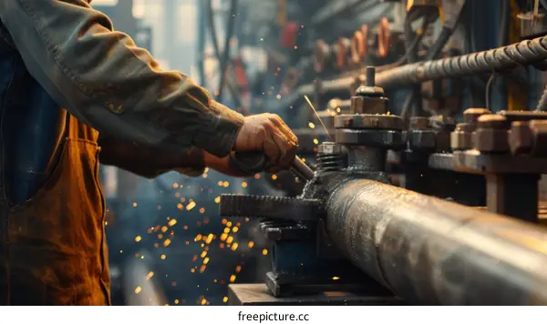 Industrial worker in protective workwear using wrench to tighten nut on large metal pipe in factory