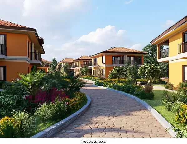 Stone Pathway Leading to Colorful Houses in Resort