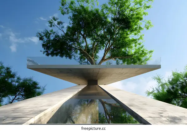 Modern Architecture Design with Tree Growing Through Concrete Platform