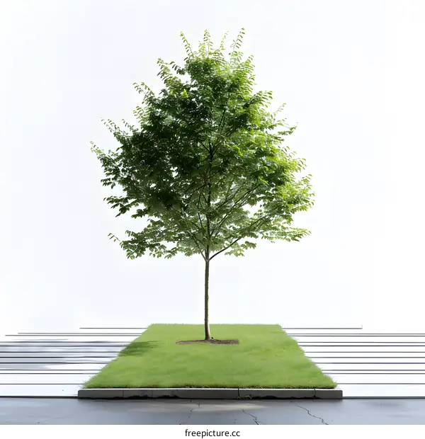 Single Green Tree on Grass Patch Surrounded by Pavement