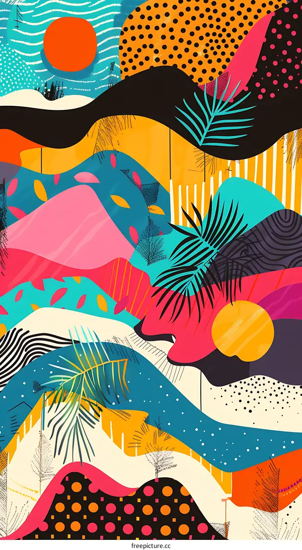 Abstract Colorful Landscape with Geometric Shapes and Palm Leaves