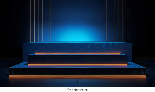 Abstract Blue Neon Background With Marble Steps