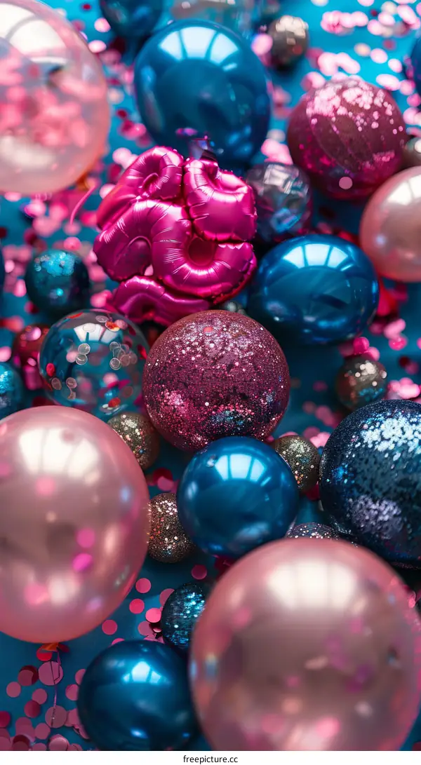 Pink and Blue Balloons with Glitter and Confetti