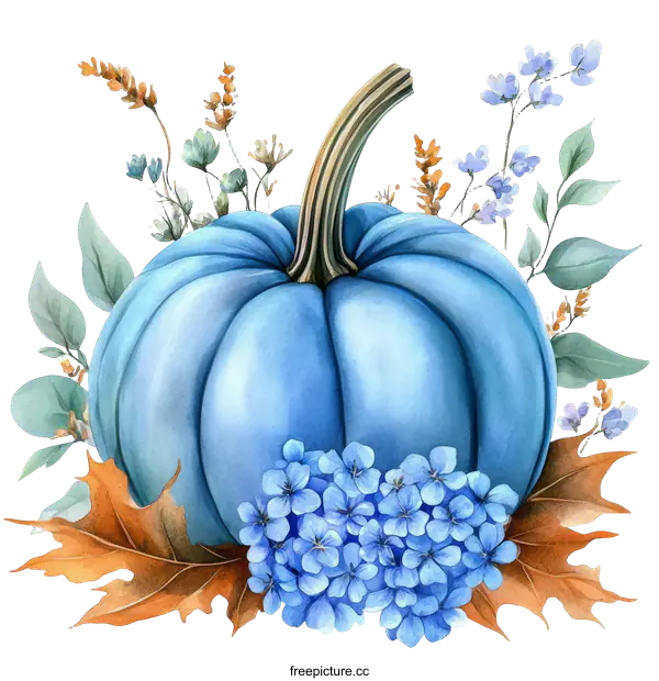 [Transparent Background PNG]Watercolor Blue Pumpkin with Autumn Flowers