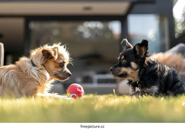Two Small Dogs Playing Fetch with a Red Ball