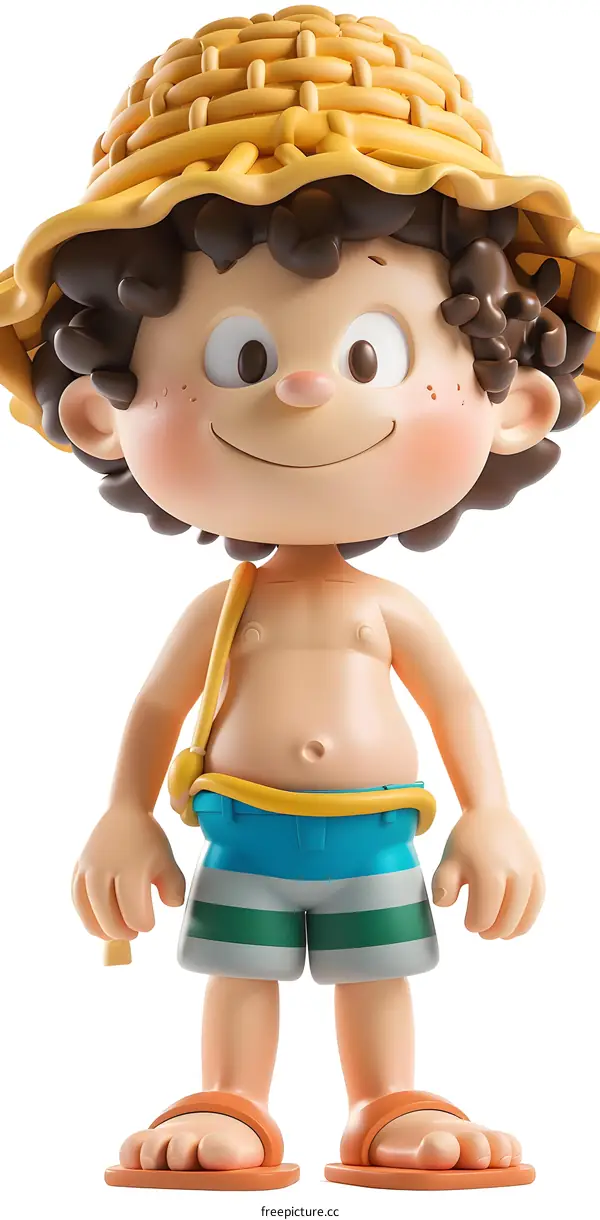 Cute cartoon character of a boy wearing a straw hat and blue shorts