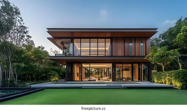 Modern House with Glass Walls and Wooden Accents