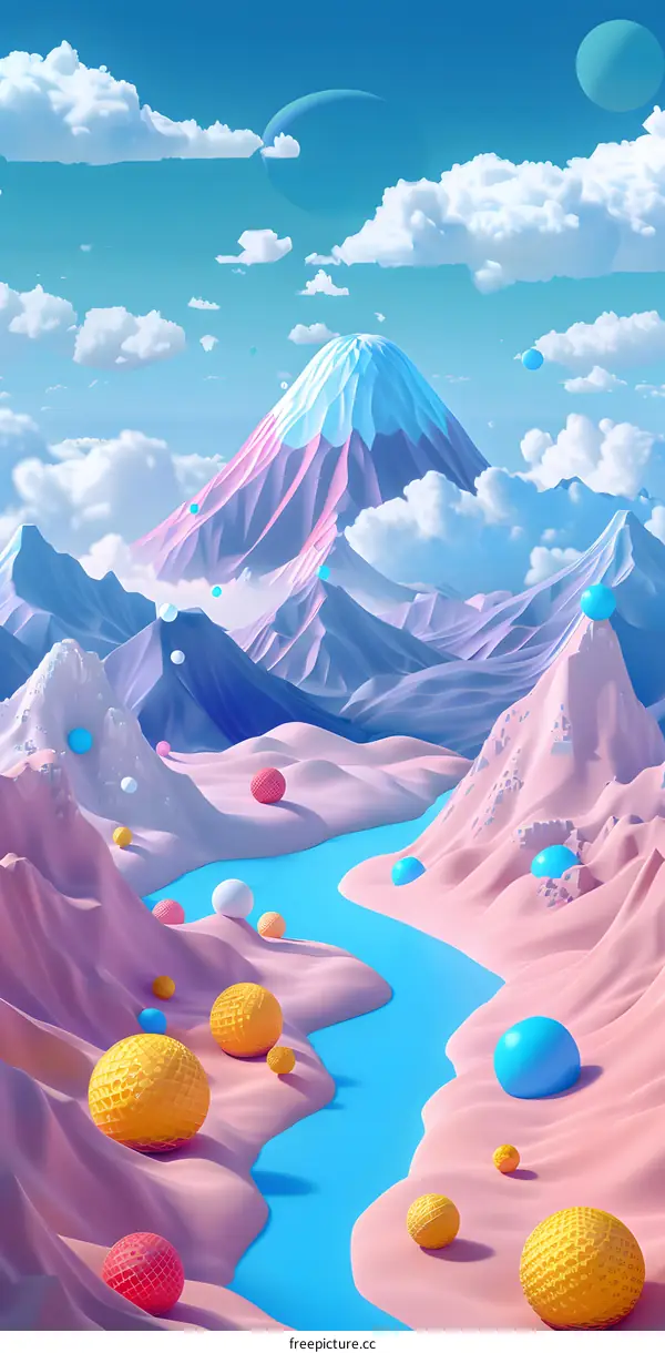 Abstract Landscape with Mountains and Colorful Balls