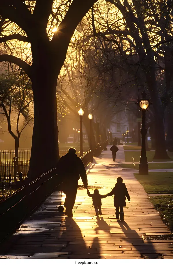 Silhouettes of People Walking in Park at Sunset