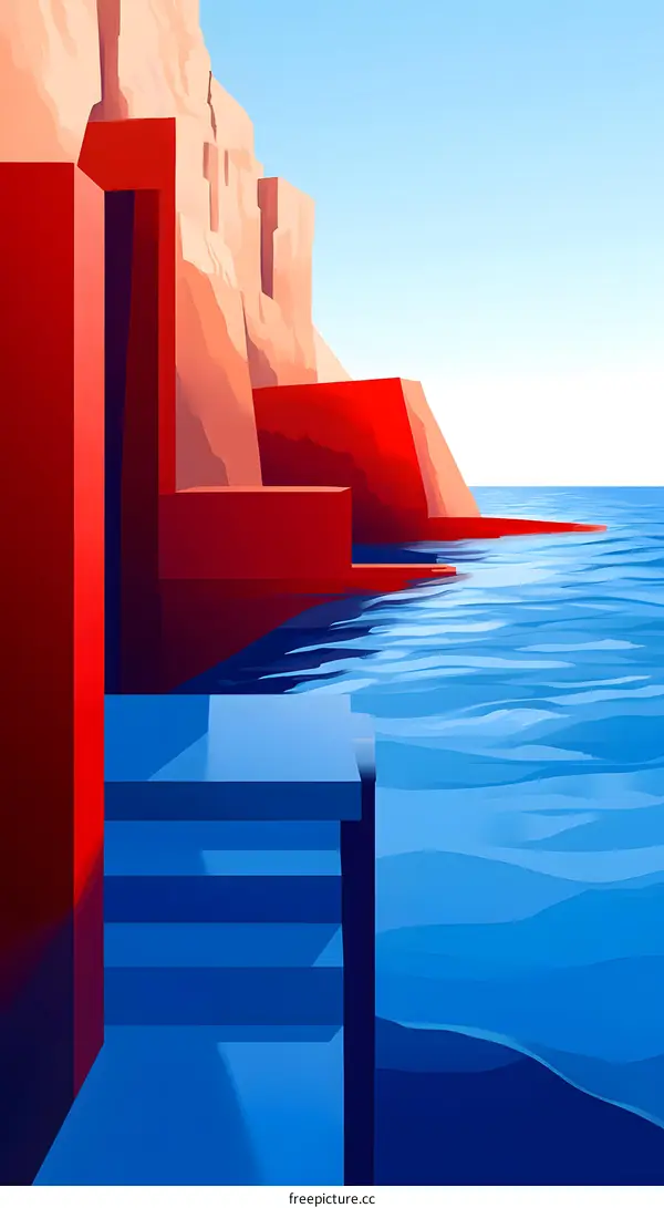 Abstract Minimalist Illustration of Red Cliffs and Blue Water