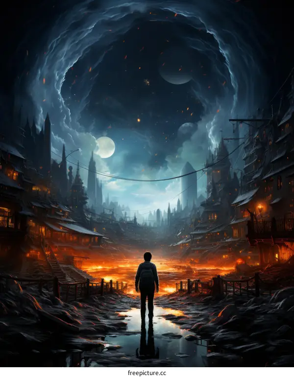 boy standing in the middle of a ruined city