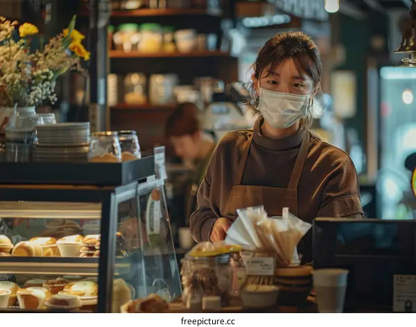 A woman wearing a mask is working in a cafe.