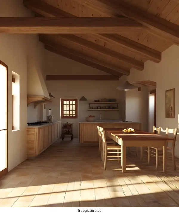 Rustic Kitchen Interior Design with Wooden Beams and Tile Flooring