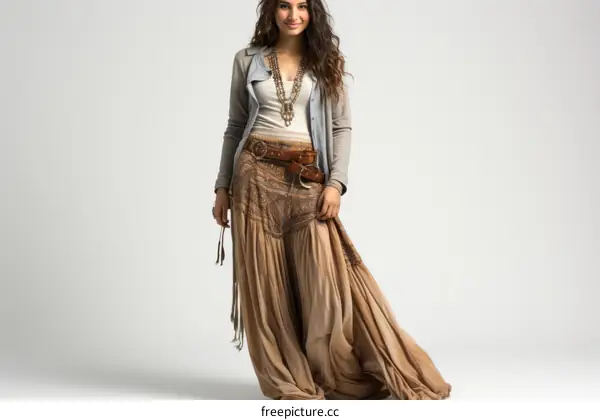 A young woman wearing a long brown skirt and a white shirt