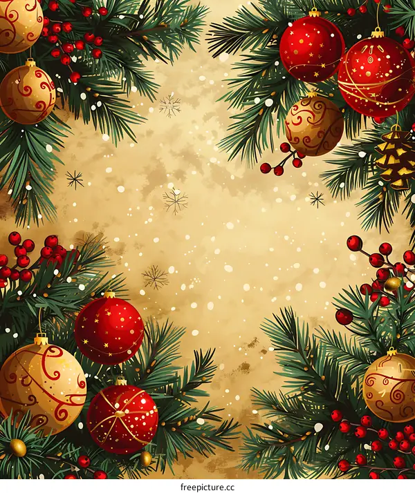 Christmas background with fir branches and red and gold ornaments