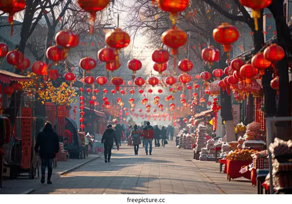 A lively hutong scene with red lanterns during the Spring Festival in Beijing, China