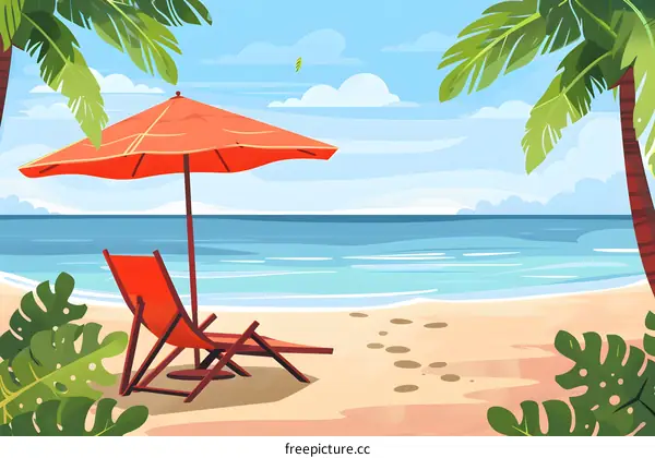 Summer Beach Scene with Palm Trees and a Beach Chair Under an Umbrella