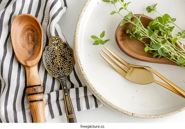 Wooden Spoons and a Gold Fork on a White Table