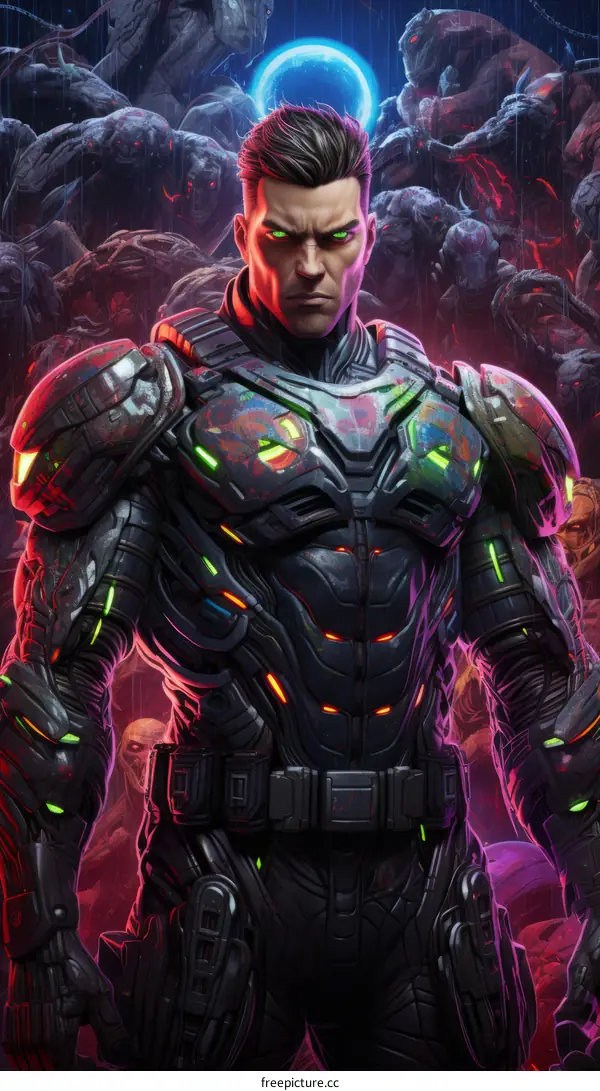 A soldier stands in front of a group of monsters.