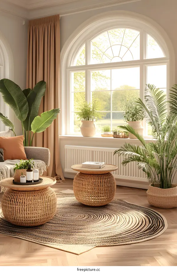 Living Room Interior Design With Wicker Coffee Table and Oval Rug