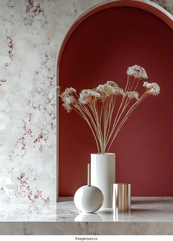 Minimalist Interior Design With White And Gold Decor And Dried Flowers