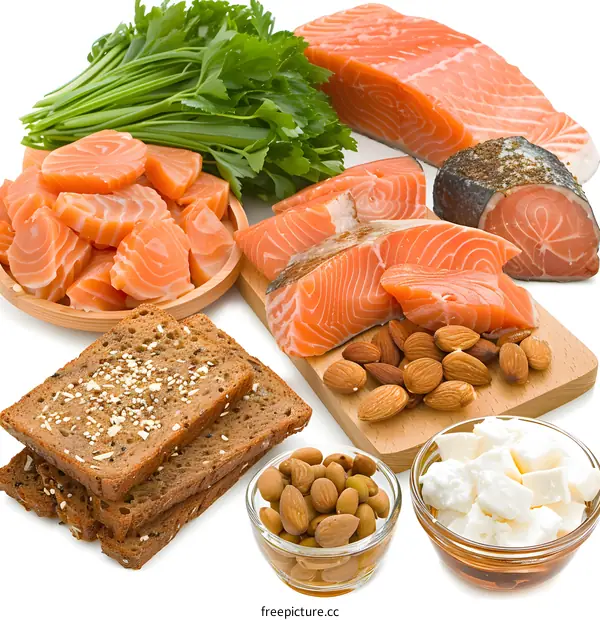 Fresh Salmon with Bread, Almonds and Cheese on a White Background