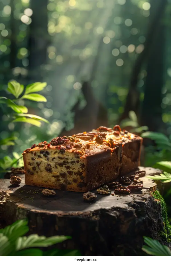 Delicious Fruit Cake on Rustic Tree Stump in Lush Forest
