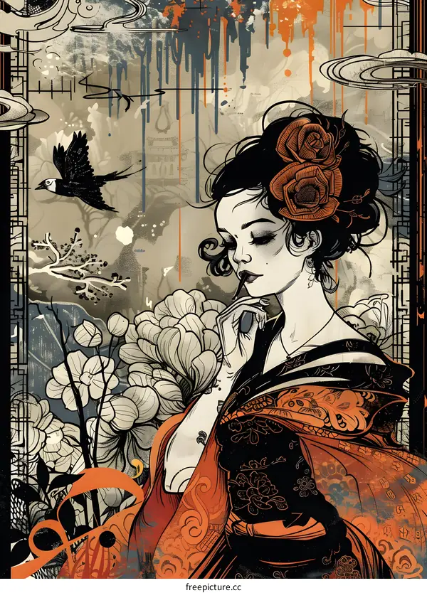 Asian Woman with Flowers and Bird in a Traditional Kimono