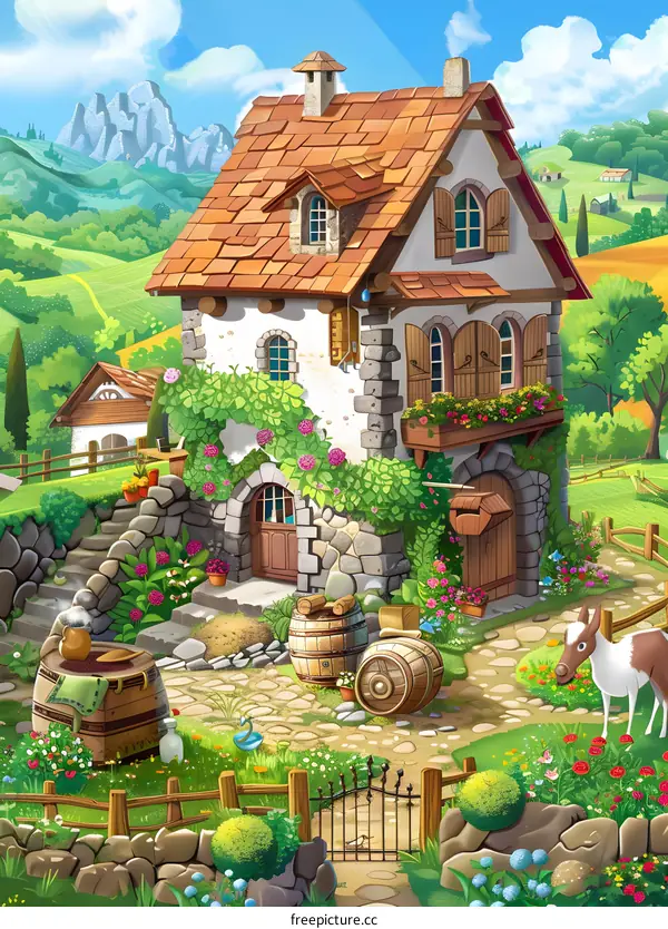 Cute Cartoon Stone House with Green Garden and Mountains