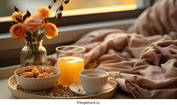 Cozy morning breakfast with orange juice, coffee, and cookies