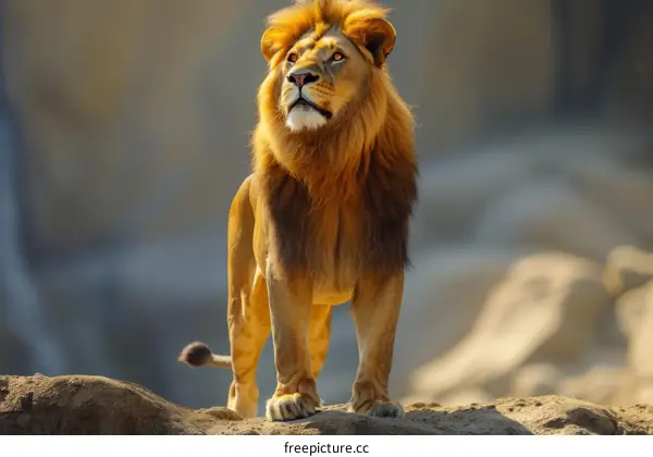 Lion standing on a rock looking up