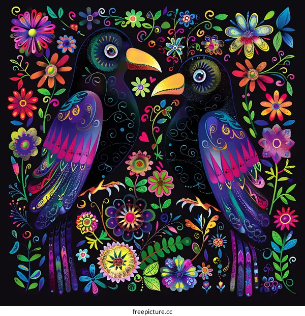 Two Colorful Birds Surrounded by Flowers