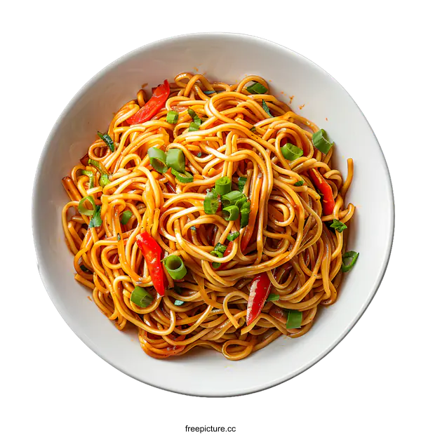 [Transparent Background PNG]Spicy noodles with vegetables in a white bowl