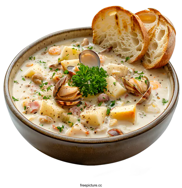 [Transparent Background PNG]Bowl of Clam Chowder with Bread