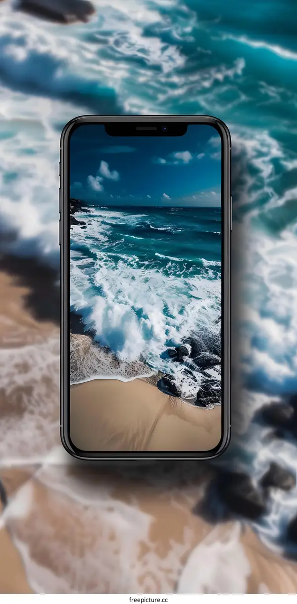 Black Smartphone Displaying Beach Waves Background