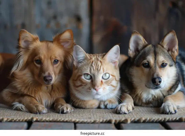 A ginger cat is sitting between a brown dog and a white dog.
