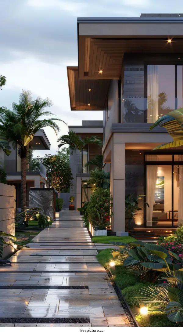 Modern tropical villa with lush garden and swimming pool