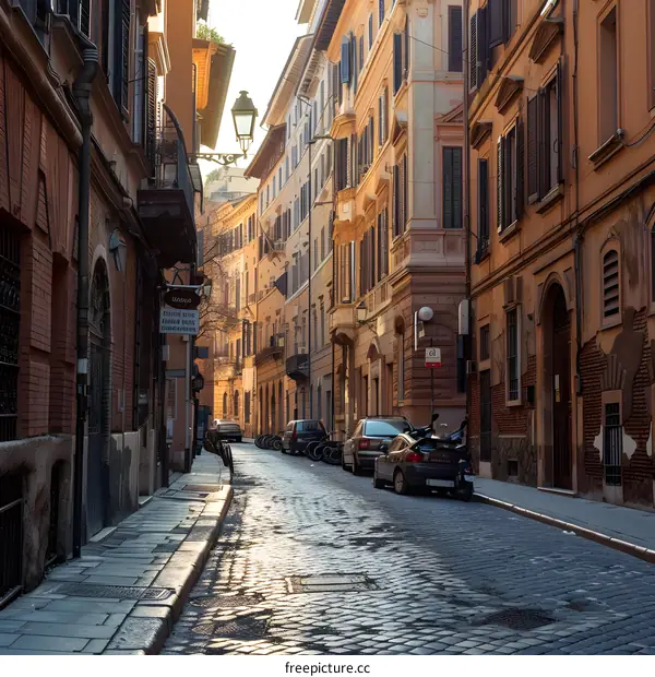 Narrow Street in Rome, Italy with Cobblestone Pavement
