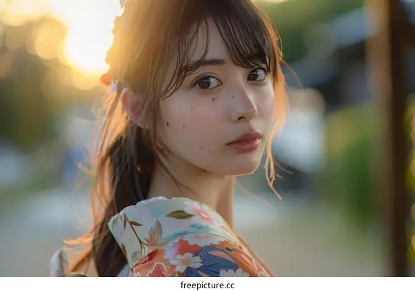Asian Woman in Kimono Portrait in Natural Light