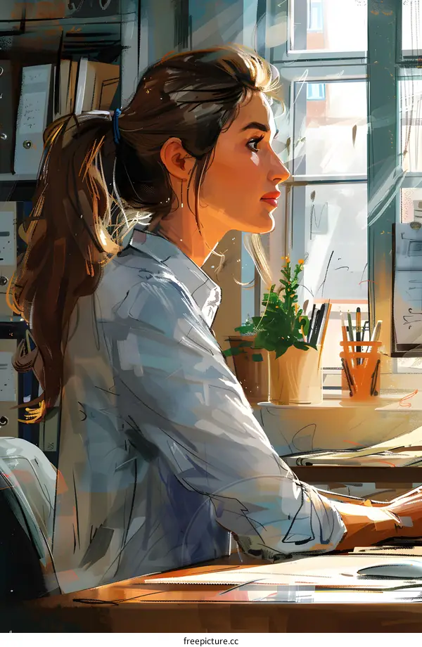 A woman is sitting at a desk looking out the window.