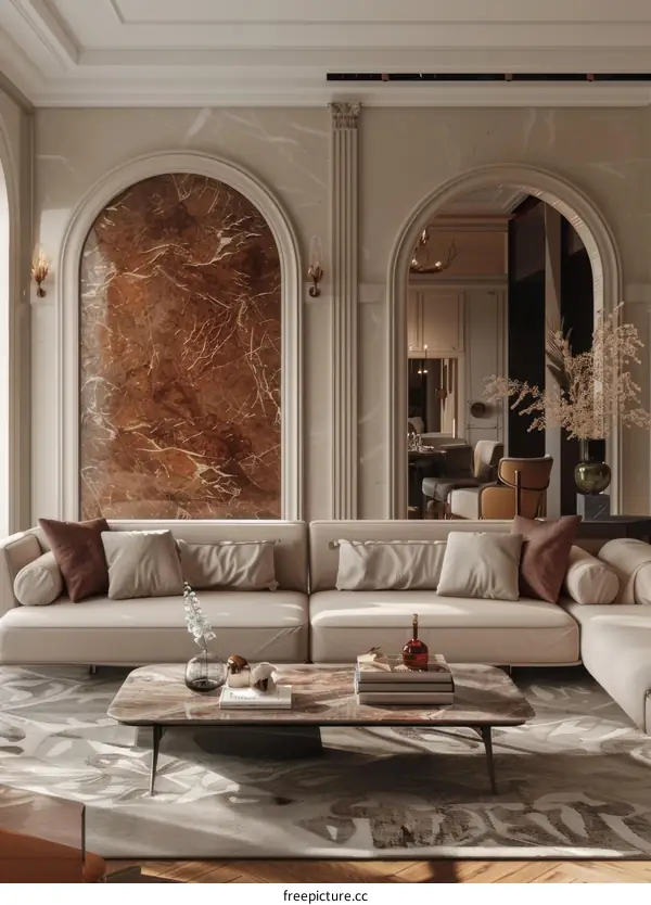 Marble living room with arched doorways
