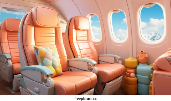 Spacious Airplane Cabin Interior with Mountain Views