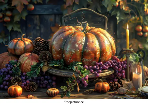 Harvest Still Life with Pumpkin, Grapes, and Autumn Leaves