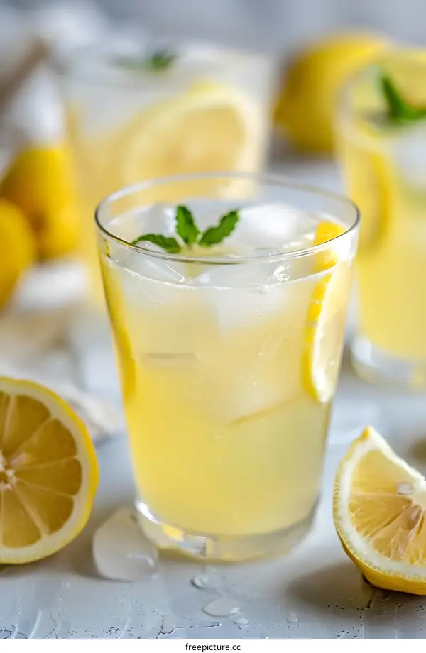 Close up of a glass of refreshing lemonade with ice and a lemon wedge