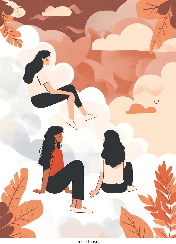 Three Women Sitting on Clouds in a Dreamy Landscape