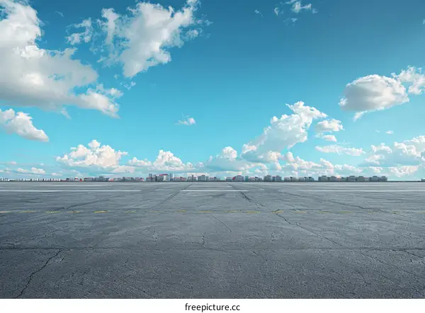 Runway surrounded by white clouds and blue sky
