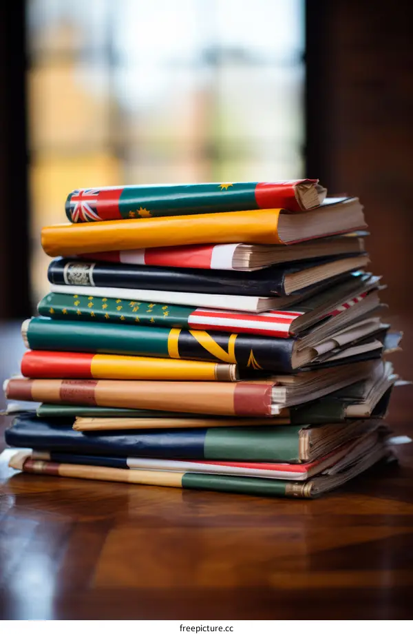 A stack of old books with different country flags on the cover