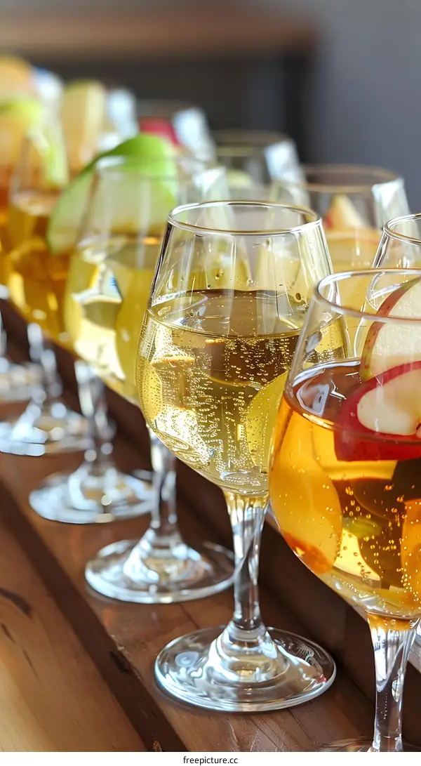 Row of Apple Cider Glasses on a Wooden Bar