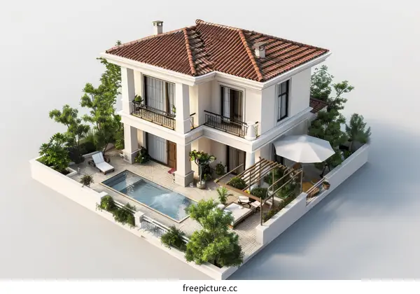 A 3D rendering of a two-story house with a pool
