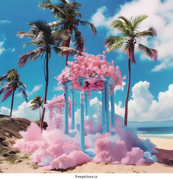 Blue Gazebo Surrounded by Pink Flowers and Clouds on a Beach